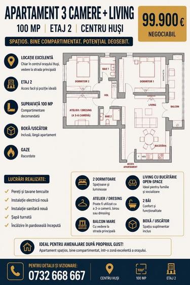 Apartament cu 4 camere decomandat în Central