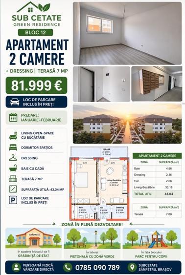 Apartament cu 2 camere decomandat în Sânpetru