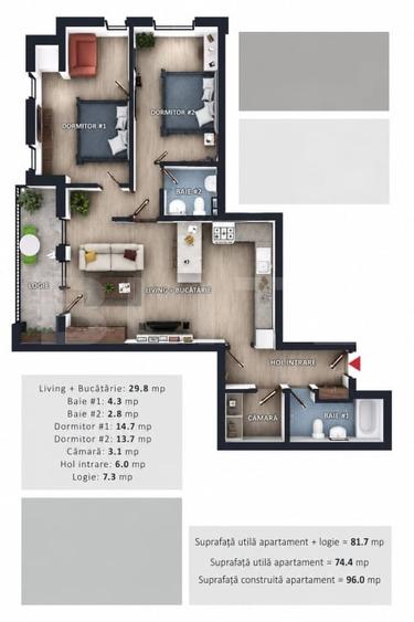 Apartament cu 3 camere semidecomandat în Florești