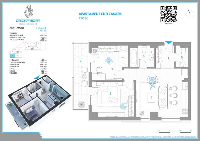 Apartament cu 3 camere semidecomandat în Nicolina