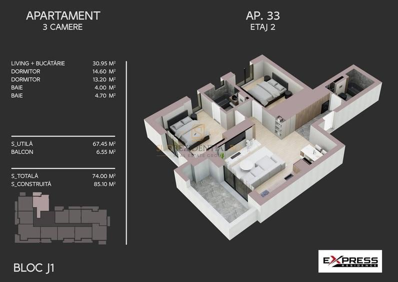 Apartament cu 3 camere semidecomandat în Metalurgiei