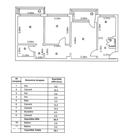 Apartament cu 3 camere semidecomandat în Țiglina 3