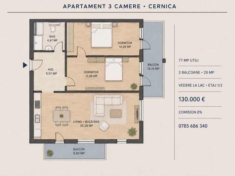 Apartament cu 3 camere decomandat în Cernica