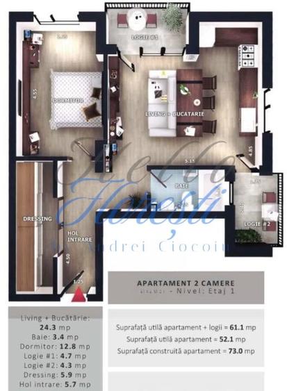Apartament cu 2 camere semidecomandat în Florești
