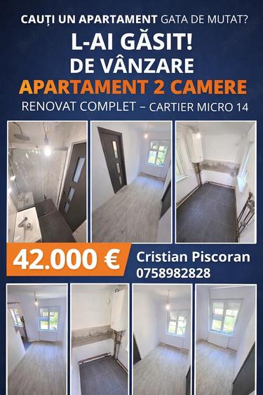 Apartament cu 2 camere semidecomandat în Micro 14
