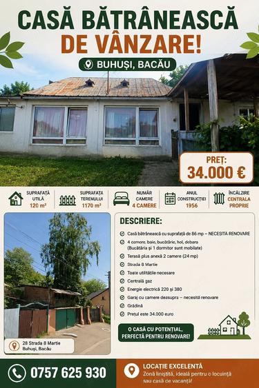 Casă cu 2 camere cu Teren 1170 Mp în Central