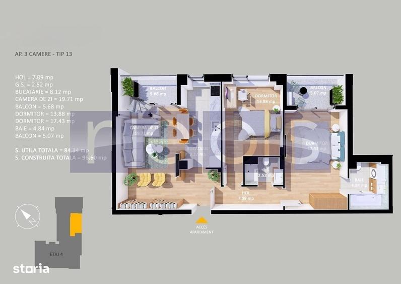 Vanzare Apartament La Cheie | 3Camere | 84.3Mp | Terasa 54Mp | Parcare - 5