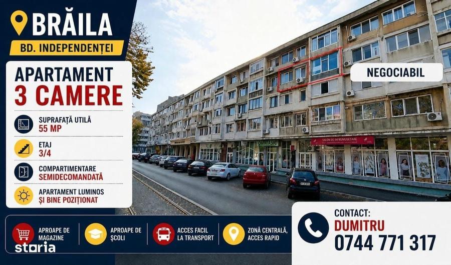 Apartament cu 3 camere semidecomandat în Independenței