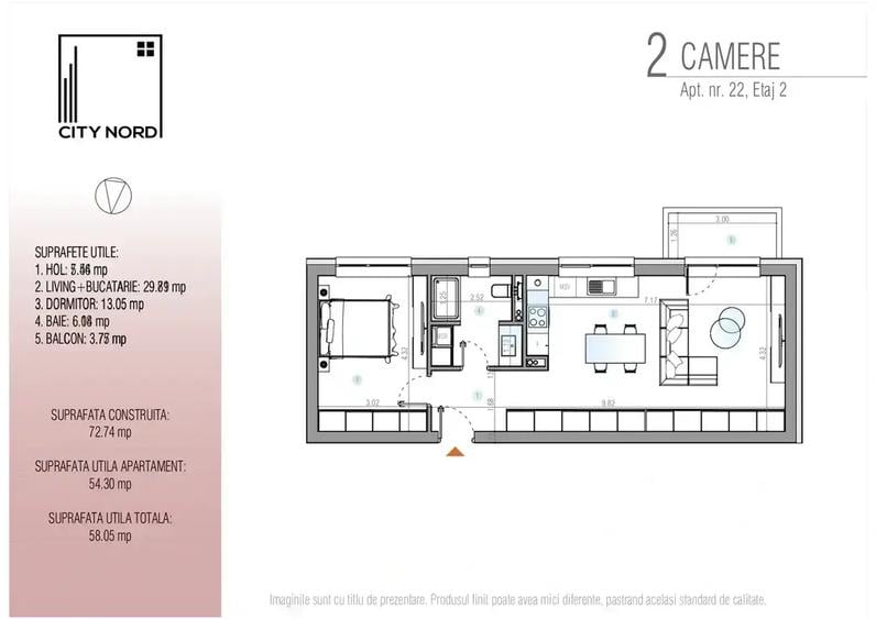 Apartament cu 2 camere semidecomandat în Exterior Est