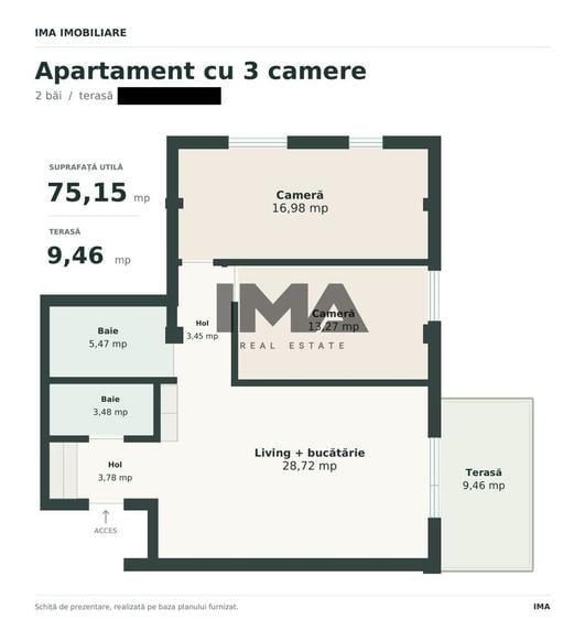 Apartament cu 3 camere semidecomandat în Iris