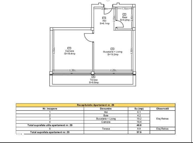 Apartament cu 2 camere semidecomandat în Baciu