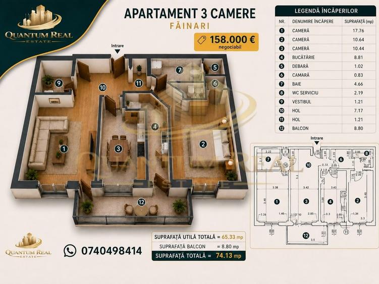 Apartament cu 3 camere semidecomandat în Moșilor