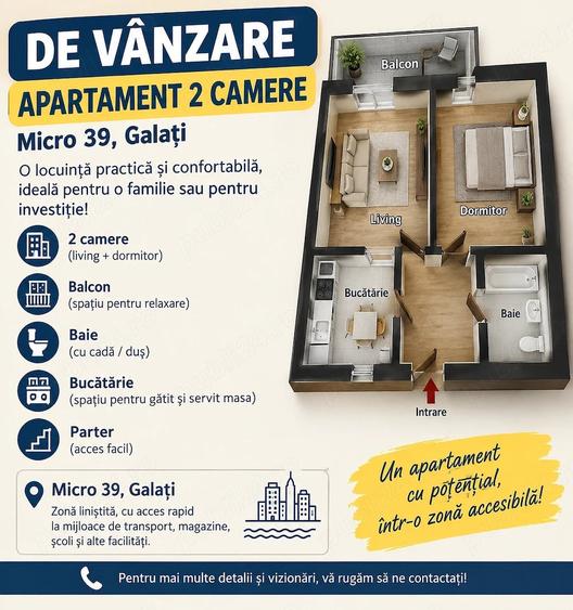 de vanzare apartament 2 camere decomandat micro 39a, gala?i stradal - 1