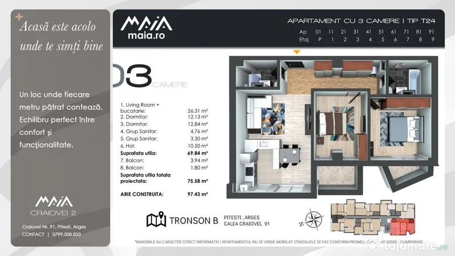 Apartament cu 3 camere decomandat în Craiovei