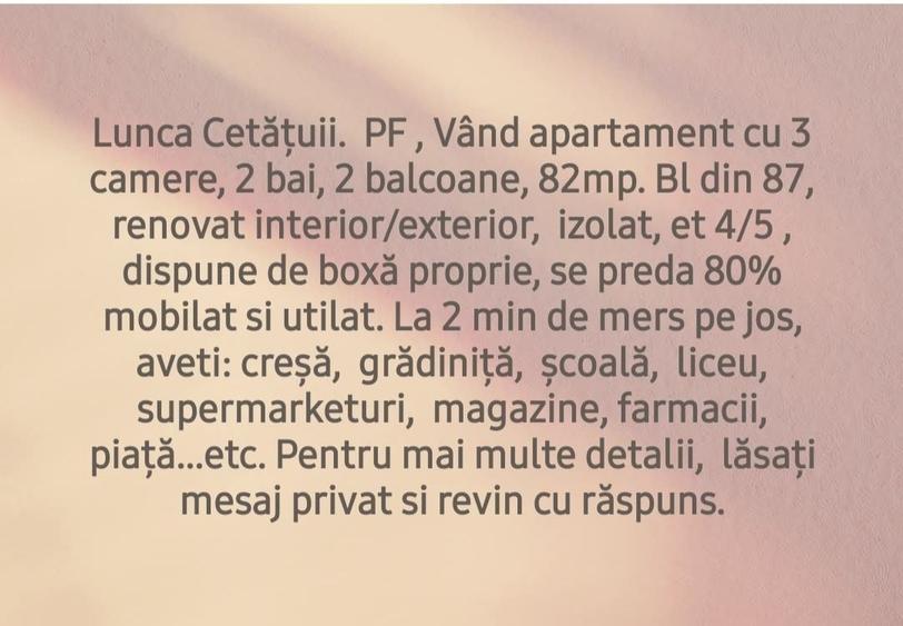 Apartament cu 3 camere semidecomandat în Lunca Cetățuii