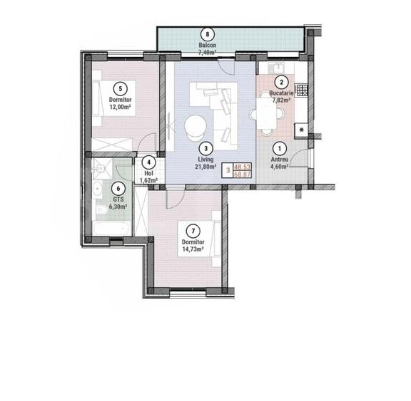 Apartament cu 3 camere semidecomandat în Moșnița Nouă