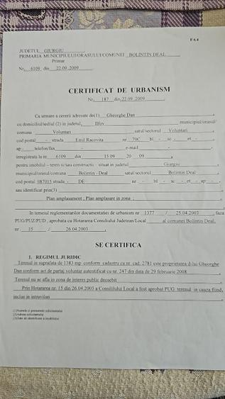 Teren Construcții intravilan de 1383 mp, în Bolintin-Deal