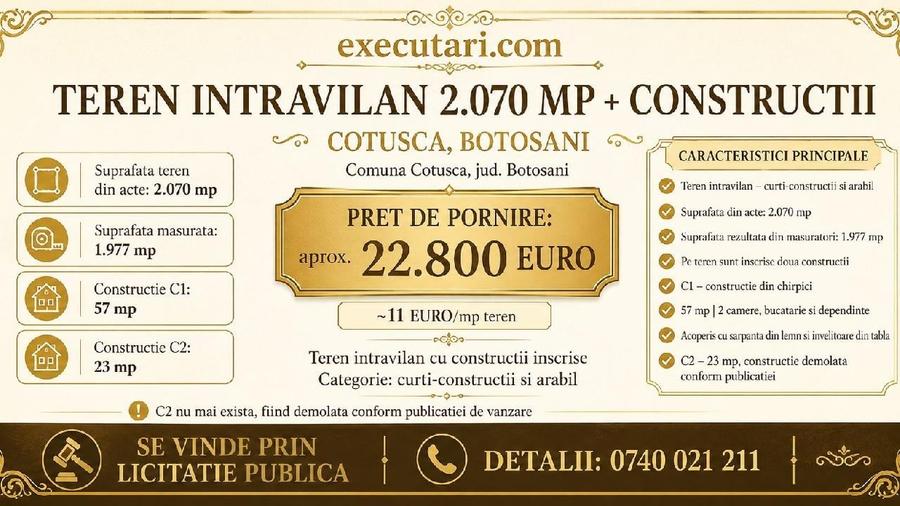 Casă individuală cu 2 camere cu Teren 2070 Mp în Coțușca