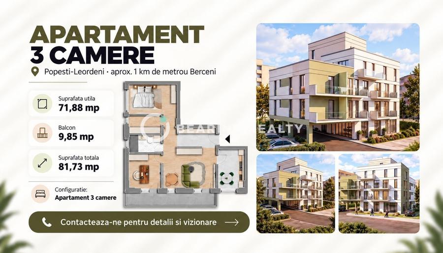 Apartament cu 3 camere semidecomandat în Est