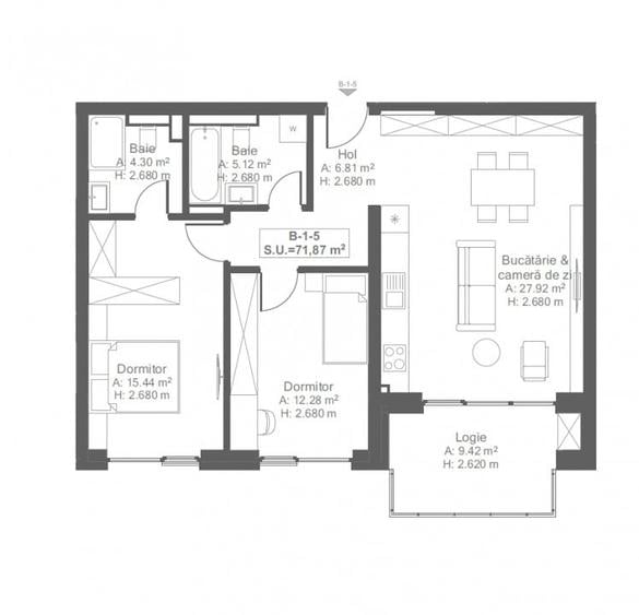 Apartament cu 3 camere semidecomandat în Cetății