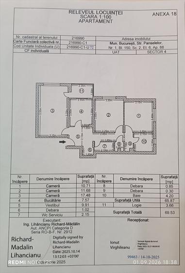 Apartament cu 3 camere decomandat în Olteniței