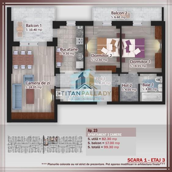 Apartament cu 3 camere în Titan