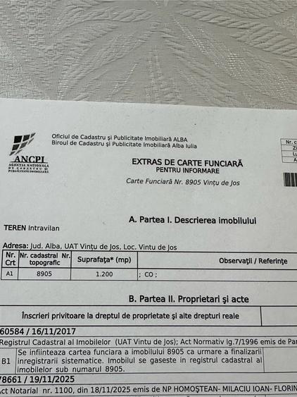 Teren de 1200 mp, în Vințu de Jos