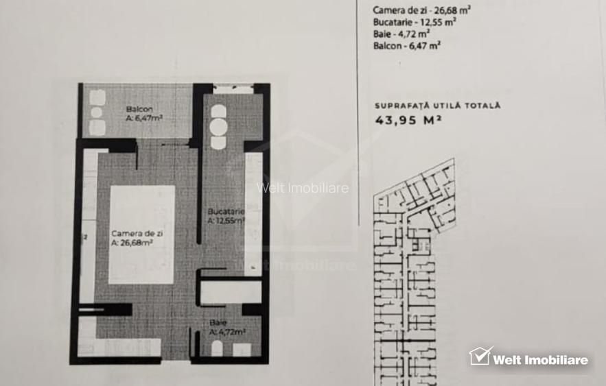 Apartament cu o camera, bloc nou, 42,24 mp plus balcon, loc parcare, Gheorgheni