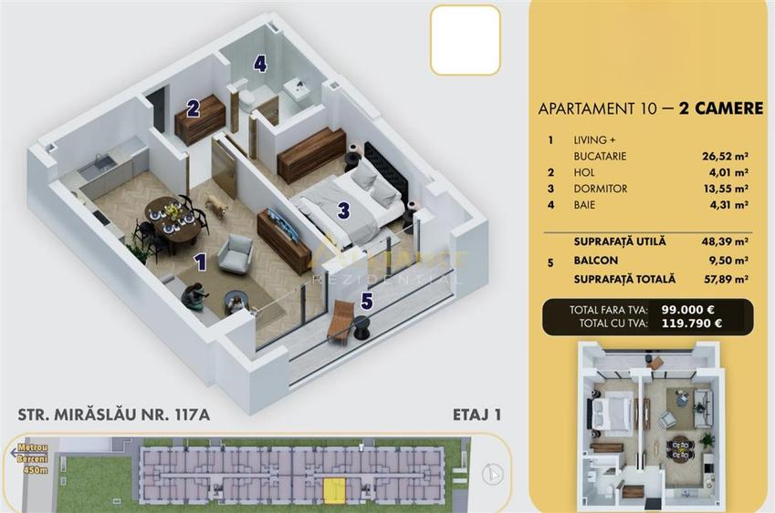 2 camere | 58mp | Bloc Nou langa metrou - 7