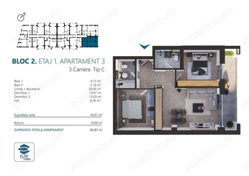 Apartament cu 3 camere semidecomandat în Torontalului