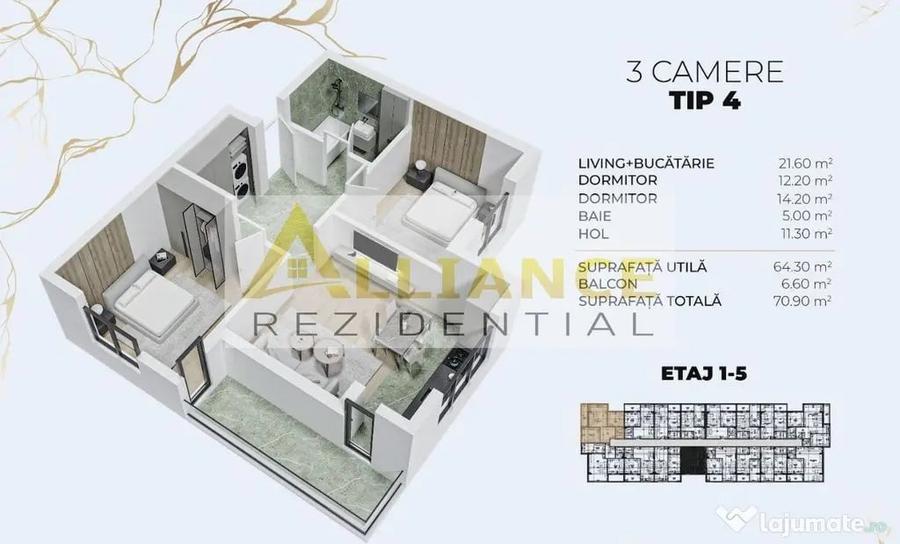Apartament cu 3 camere decomandat în Berceni