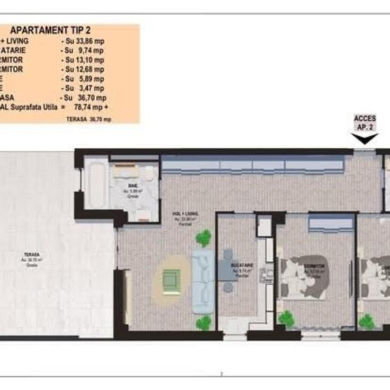 APARTAMENT DE VANZARE 78,74 mp + terasa 36,70 mp + 2 locuri de parcare - 2