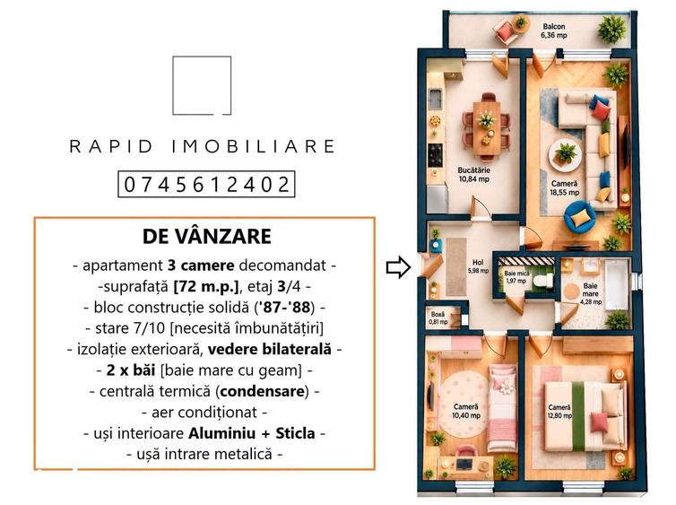 3 Camere - Decomandat - etaj 3/4 - Mazepa [Banci] - St: 72 mp - 2