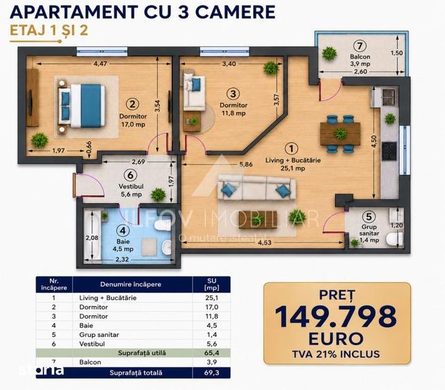 Apartament cu 3 camere în Central