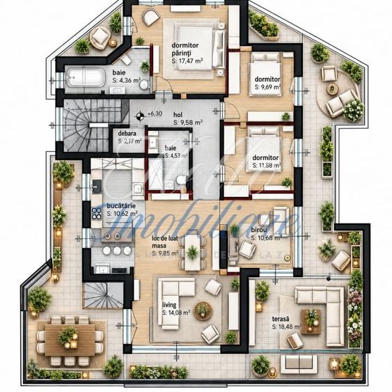 Penthouse cu 5 camere semidecomandat în Florești
