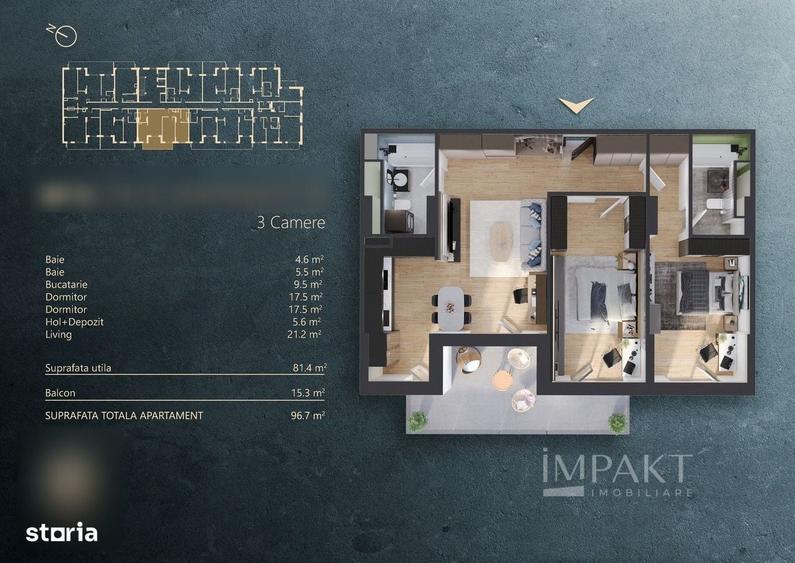 Apartament cu 3 camere în Mărăști