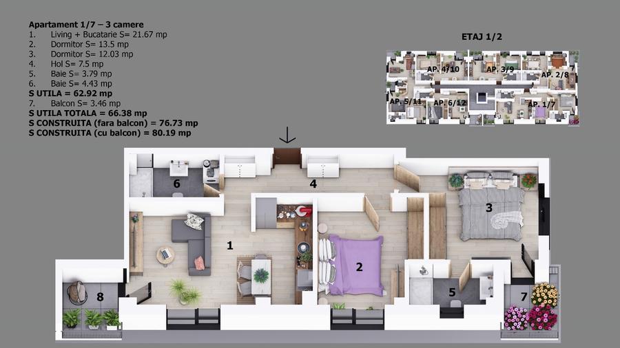 Apartament cu 3 camere decomandat în Central