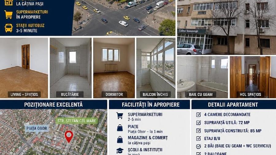 Apartament cu 4 camere decomandat în Central
