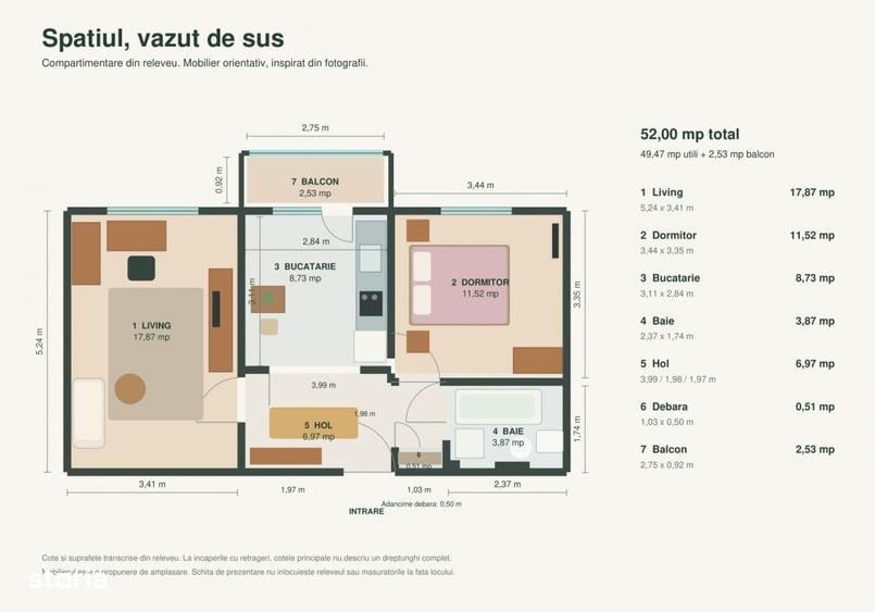 Apartament cu 2 camere decomandat în Central