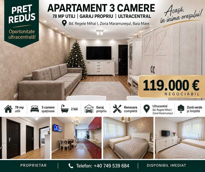 Apartament cu 3 camere decomandat în Ultracentral