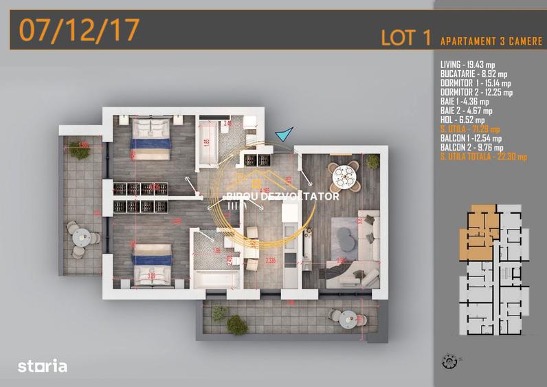 Apartament cu 3 camere decomandat în Titan