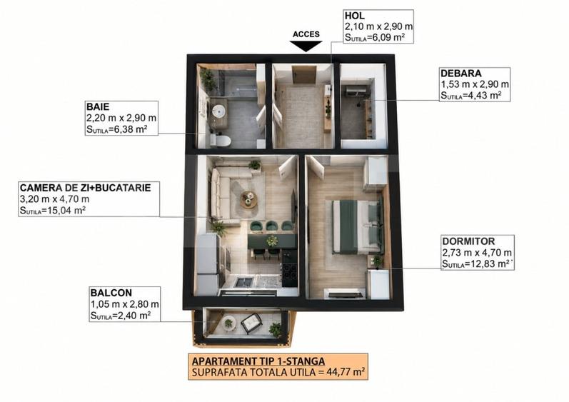 Apartament cu 2 camere semidecomandat în Apahida