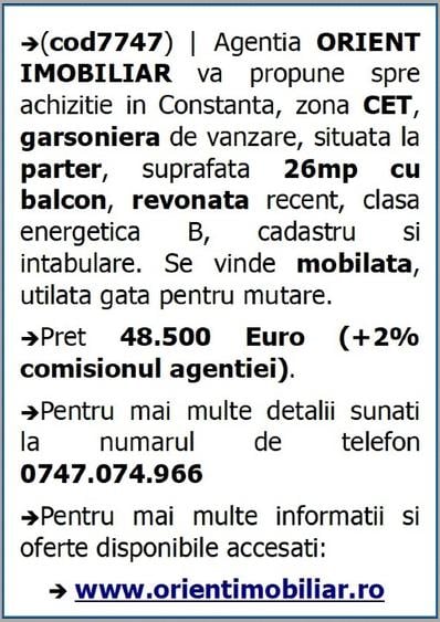 Garsonieră semidecomandată în CET