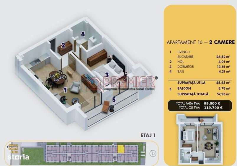 2 camere - 57 mp - 10 minute Metrou Berceni - Etaj 1 - Incalzire in - 8