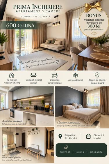 Apartament cu 3 camere decomandat, mobilat în Central
