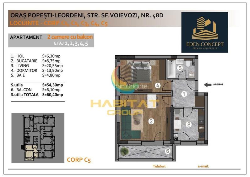 Apartament 2 camere + balcon in Popesti Leordeni