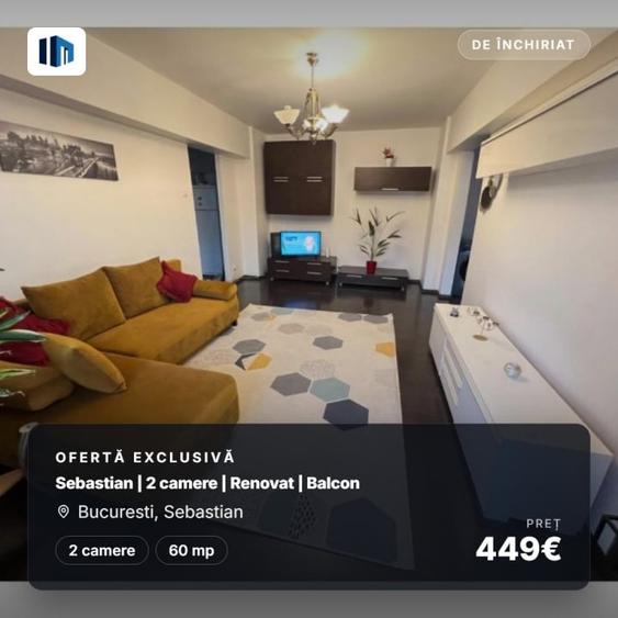 Apartament cu 2 camere semidecomandat, mobilat în Sebastian