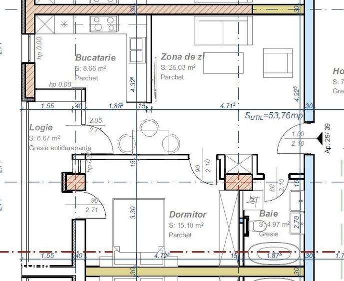 Apartament cu 2 camere, semidecomandat, 53 mp utili, logie 6,67, zona