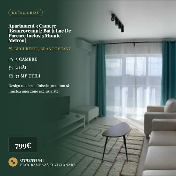 Apartament cu 3 camere decomandat, mobilat în Brâncoveanu