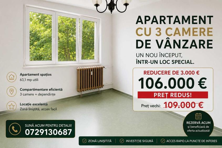 Apartament cu 3 camere semidecomandat în Valea Ialomiței